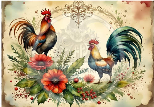 A4 Country Rooster & Bloom  Rice Paper DC819