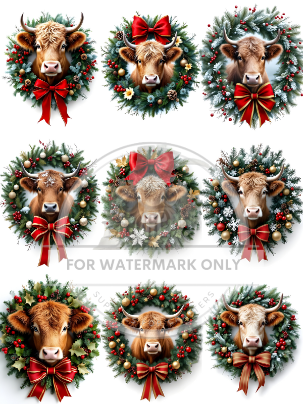 A4 Highland Christmas Cows Rice Paper DC863