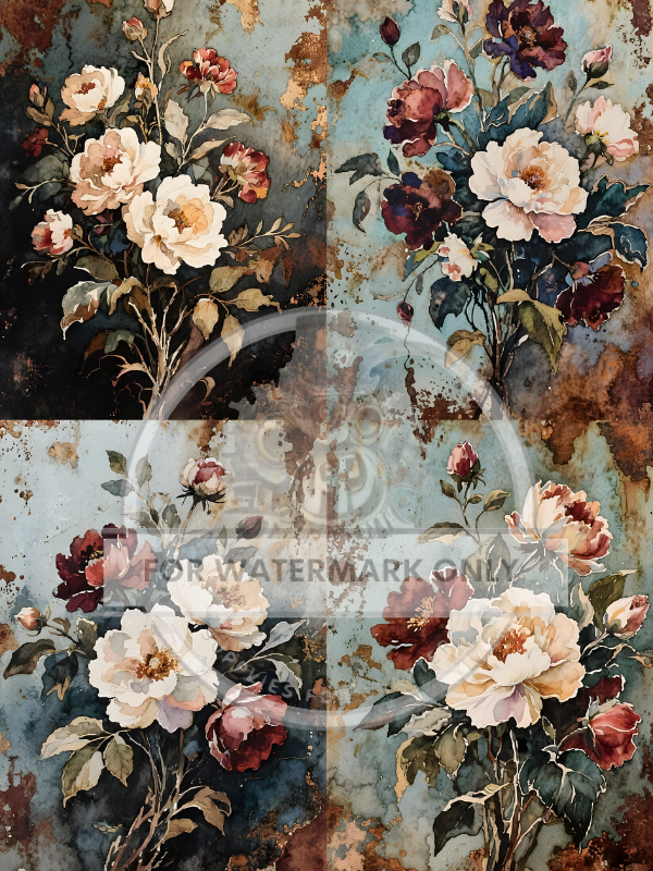 A4 Vintage Winter Florals Rice Paper DC866