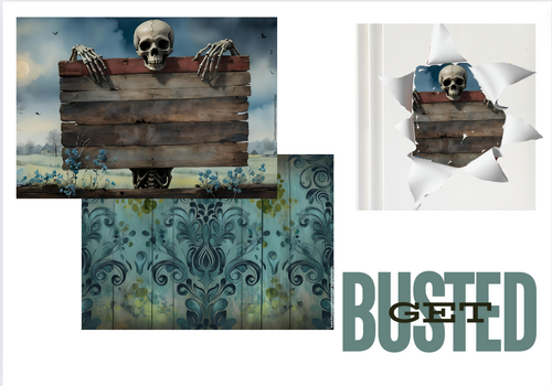 DIGITAL IMAGE SET : BUSTED Skeleton with Sign Set (2 pages including a main design/ background)