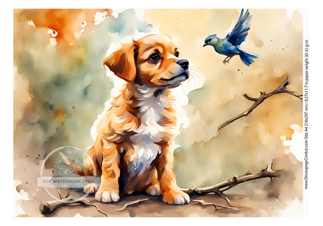 DIGITAL IMAGE: Pup and Bird Instant Download