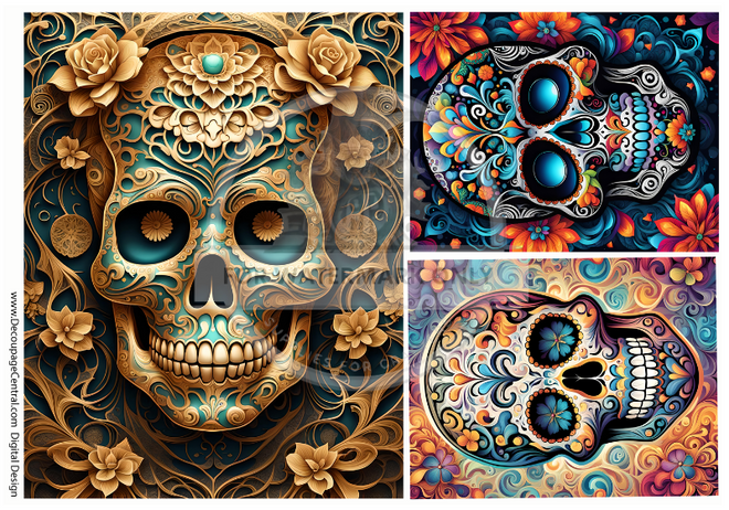 DIGITAL IMAGE: SUGAR SKULL BUNDLE: ALL 3 PAGES  Instant Download