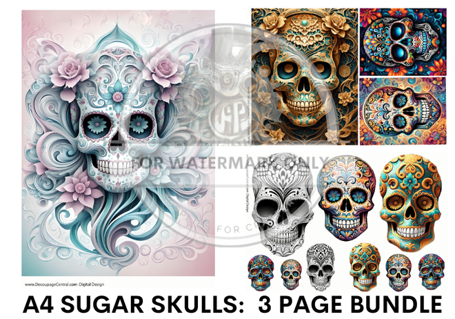 DIGITAL IMAGE: SUGAR SKULL BUNDLE: ALL 3 PAGES  Instant Download