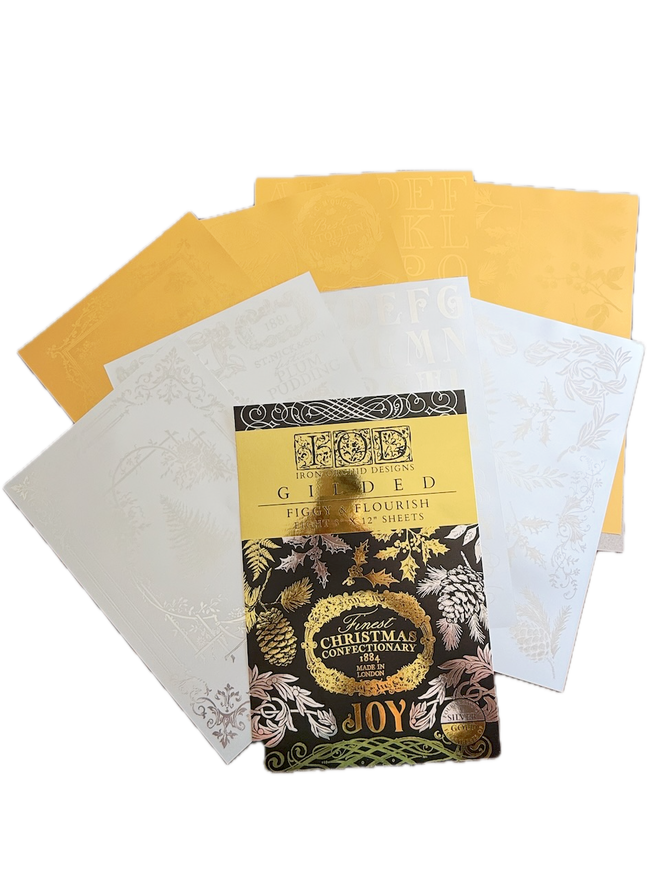 IOD  GILDED Gold & Siliver FOIL Transfer Figgy & Flourish,  Rub on Transfer 8" x12" Pad