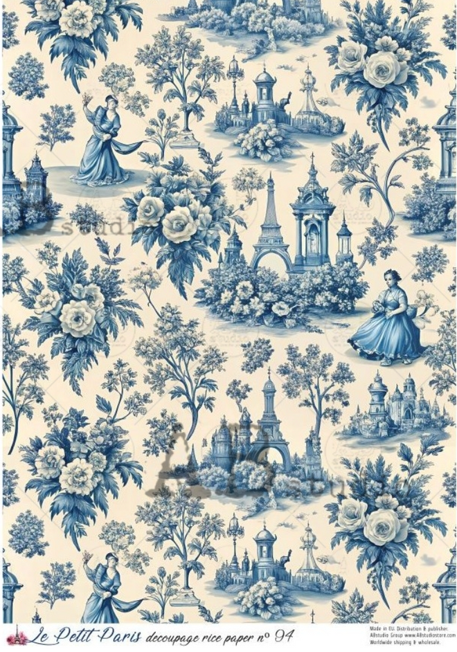 A4 LPP Blue Delft Toile  Rice Paper Le Petit Paris 94