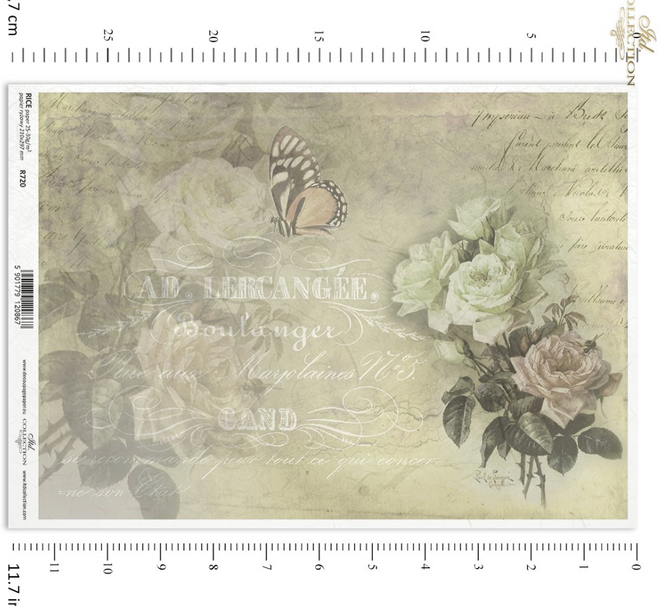 ITD Collection A4 French Floral Text Cream Rice Paper  R0720