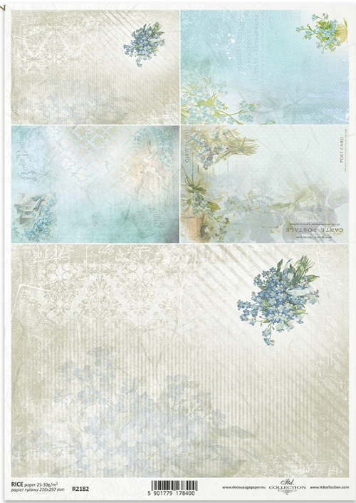 ITD Collection A4 Blue and Cream Spring  Flower Multi Rice Paper  R2182