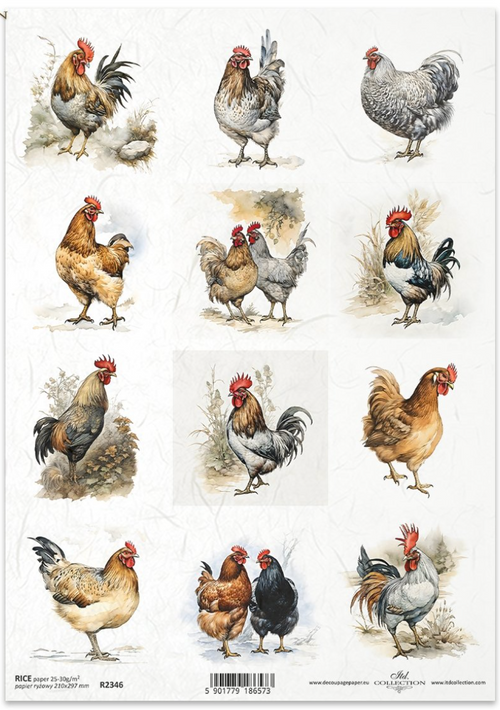 ITD A4 Roosters n Hens Multi Rice Paper Chickens R2346