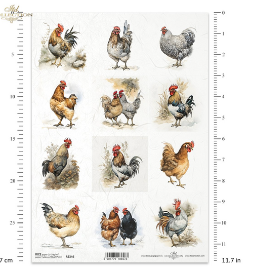 ITD A4 Roosters n Hens Multi Rice Paper Chickens R2346