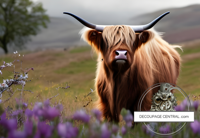Digital image download of a Highland cow in a field of purple flowers