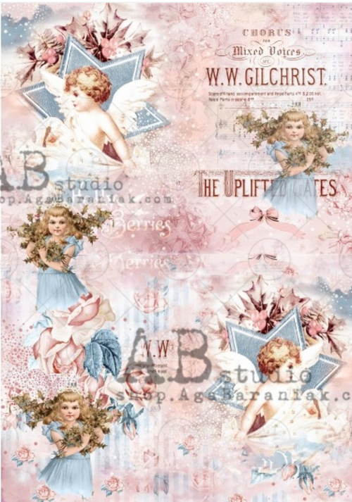 A4 Pink Shabby Angels Christmas Rice Paper, AB Studios 0364