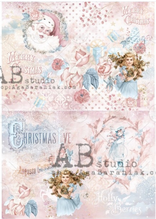 A4 Pink Shabby Christmas Duo Rice Paper, AB Studios 0361