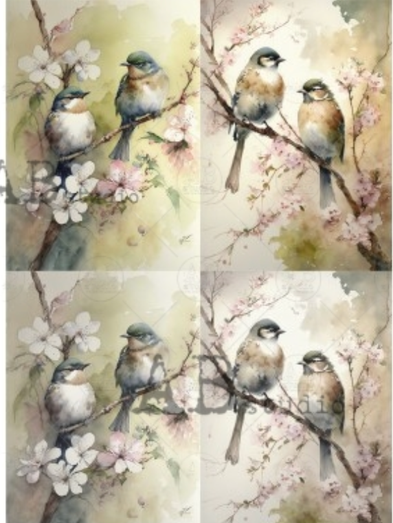 A4 Birds and Blossoms Rice Paper, AB Studios 1583