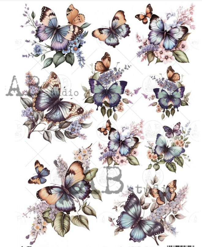 A4 Pastel Butterflies Rice Paper, AB Studios 1707