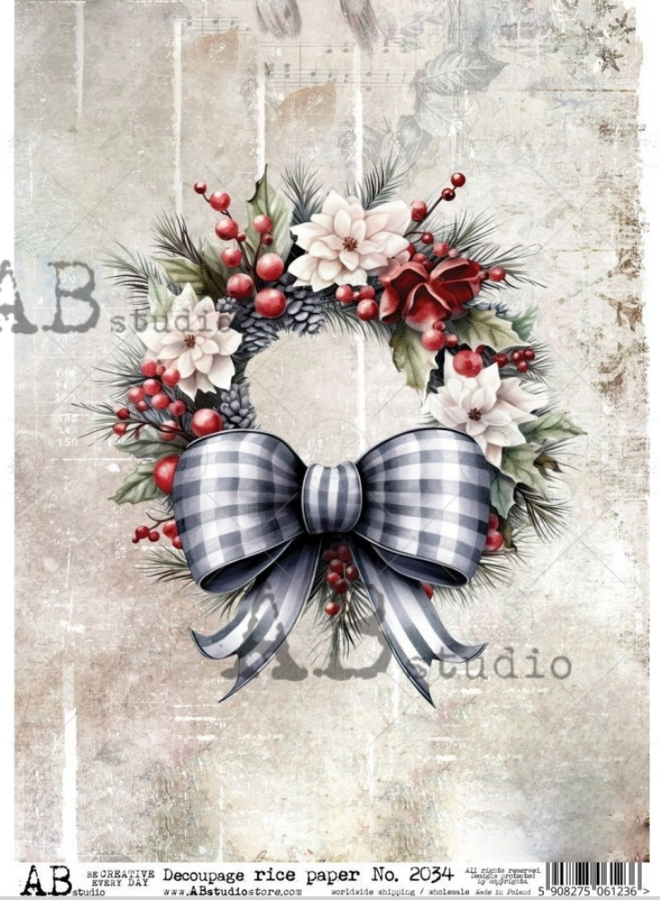 A4 Christmas Bow Rice Paper, AB Studios 2034