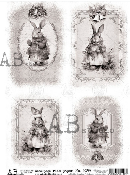 A4 More Christmas Bunnies Rice Paper, AB Studios 2059