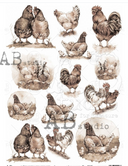 AB Studios A3 #3725 SEPIA Roosters and Chickens Rice Paper