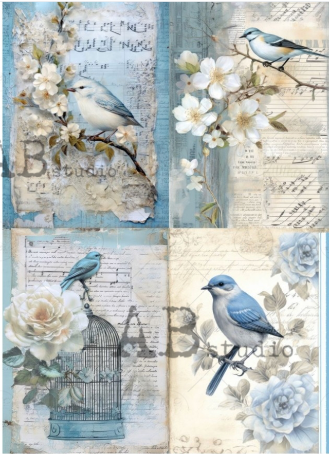 A4  Birds in Blue Rice Paper ID61