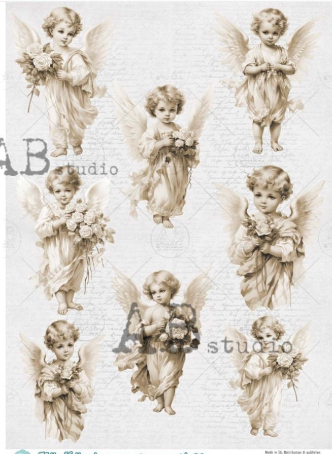 Assorted angelic designs from AB Studios Angel Collection A4 paper pack, ID96 with a white background