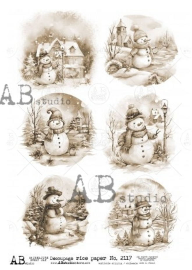 A4 Sepia Snowmen Rice Paper, AB Studios 2117