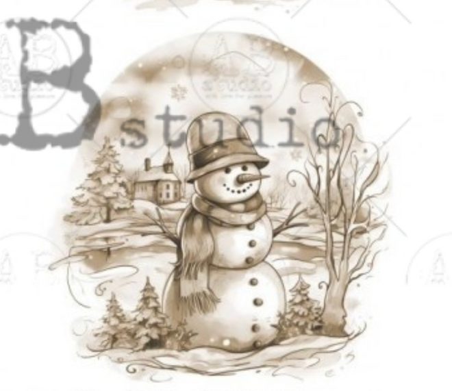 A4 Sepia Snowmen Rice Paper, AB Studios 2117