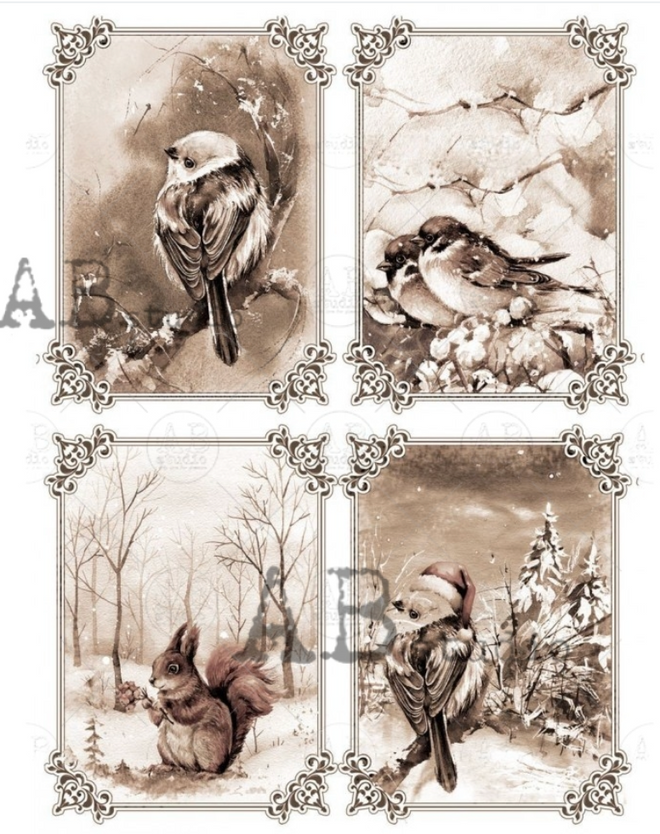 A4 Winter Birds SEPIA Rice Paper, AB Studios 2053