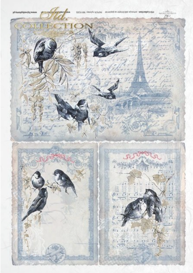 A4 ITD  Birds in Blue Decoupage RICE Paper, R0185