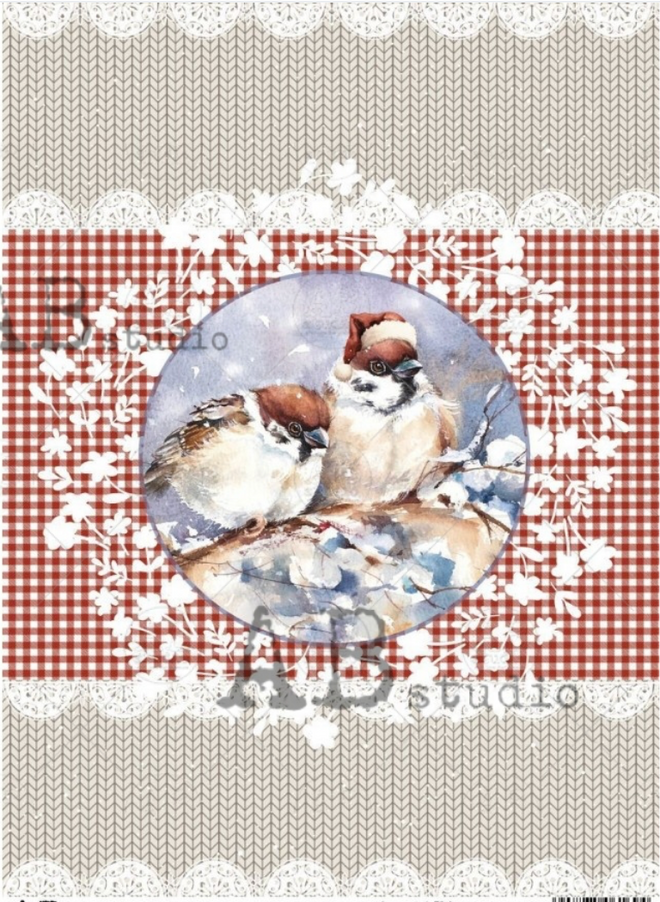 A4 Christmas Birds on Knit Rice Paper, AB Studios 2079