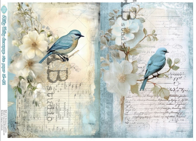 Spring Birds on Blue Rice Paper for Decoupage