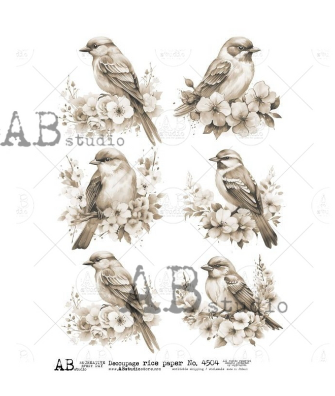 A4  Gorgeous Sepia Birds Rice Paper 4504
