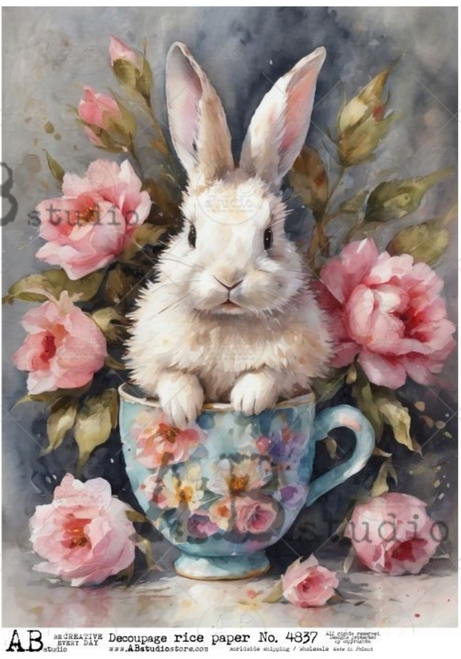 A4  Bunny in a Tea Cup Rice Paper 4837