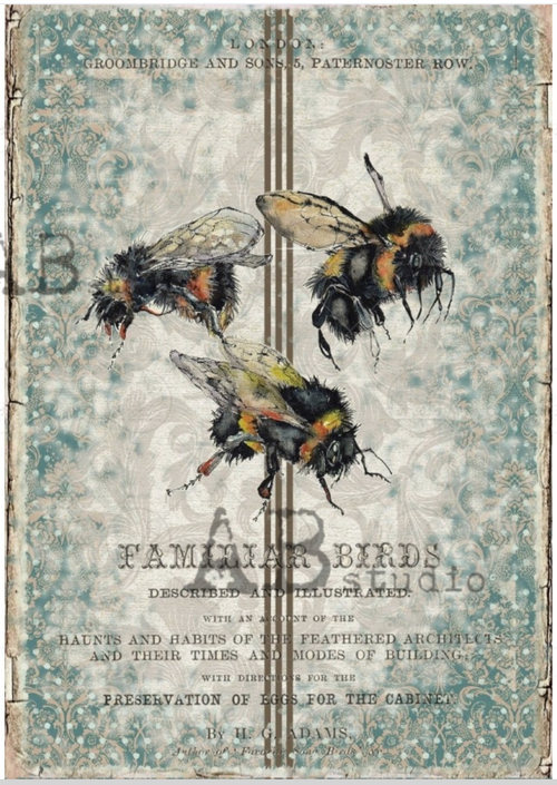 A4 Bees on French Linen  Decoupage Rice Paper, 1142