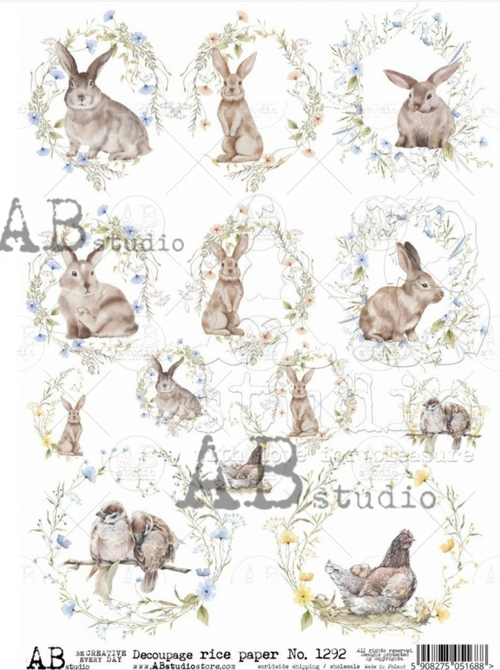 A4 Rice Paper from AB Studios 12 Spring Bunnies and friends  1292