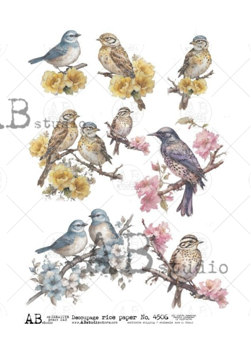 Spring Birds on Blue Rice Paper for Decoupage