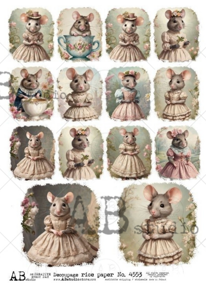 A4  Lady Mice in Dresses Rice Paper 4553