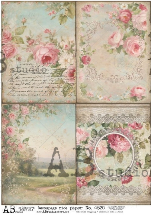 A4 4 Squares of Dreamy Creamy Floral Rice Paper 4820