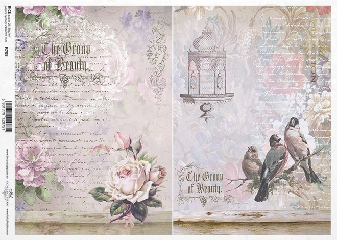 A4 Birds and Roses Parchment  Decoupage Paper R0709