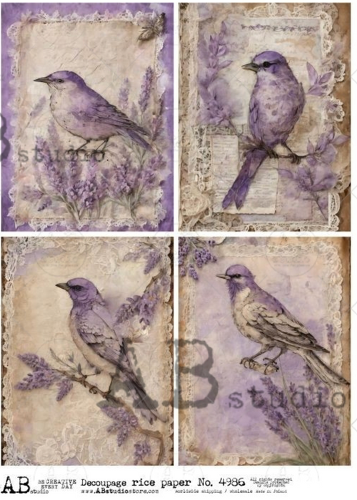 A4 Lavender and Birds Quads Rice Paper 4986