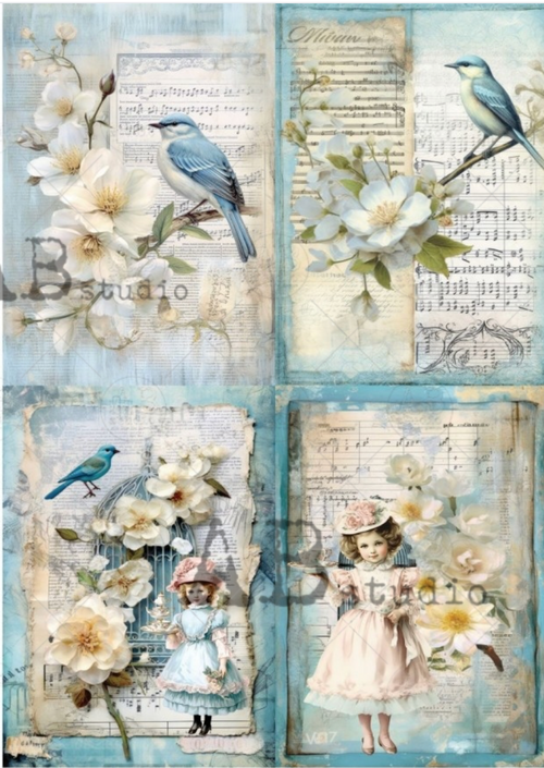 A4  Milky Valley Blue Bird Quad Rice Paper ID89