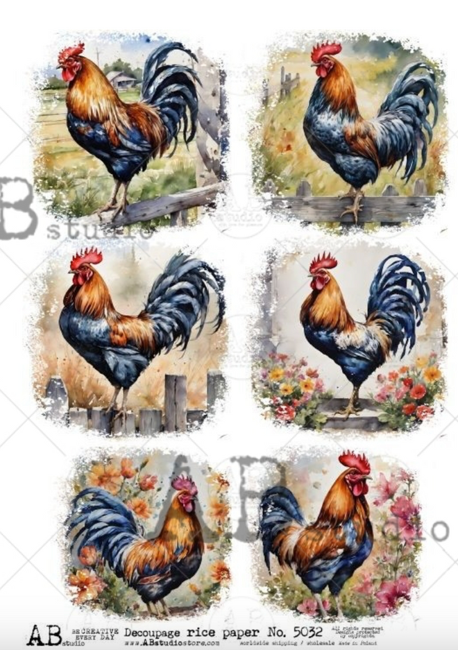 A4 Roosters Rice Paper 5032