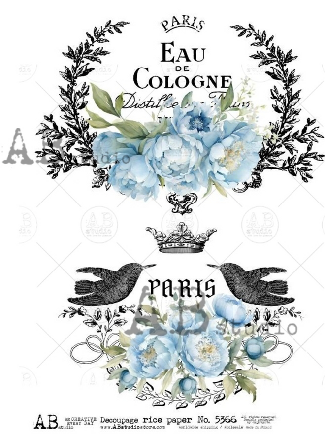 A4 Eau De Cologne Blue Decoupage Rice Paper AB 5366