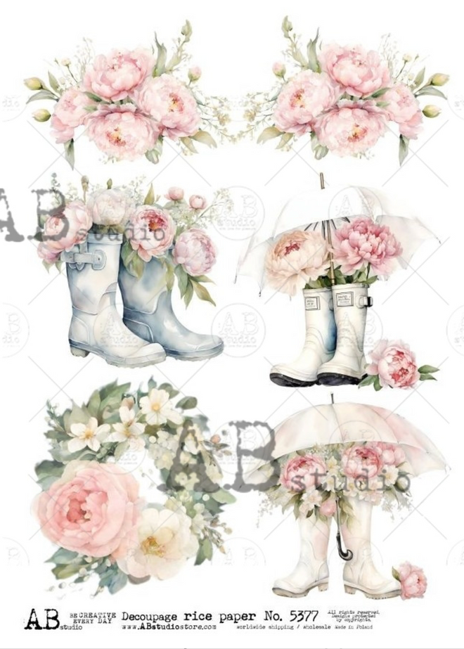 A4 Rain Boots and Peonies Decoupage Rice Paper AB 5377
