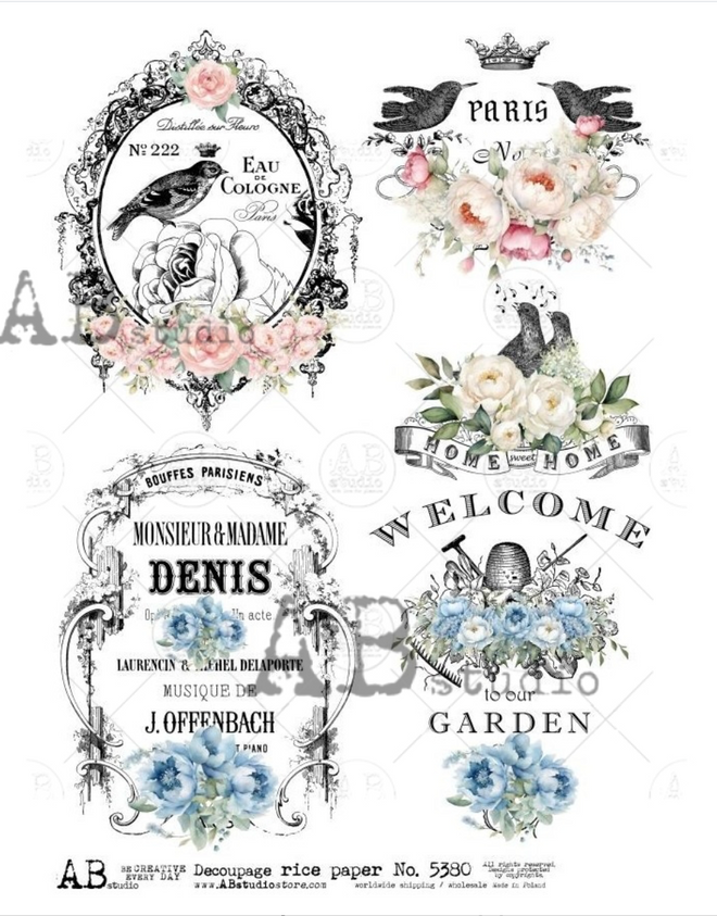 A4 French Labels with Flowers Decoupage Rice Paper AB 5380