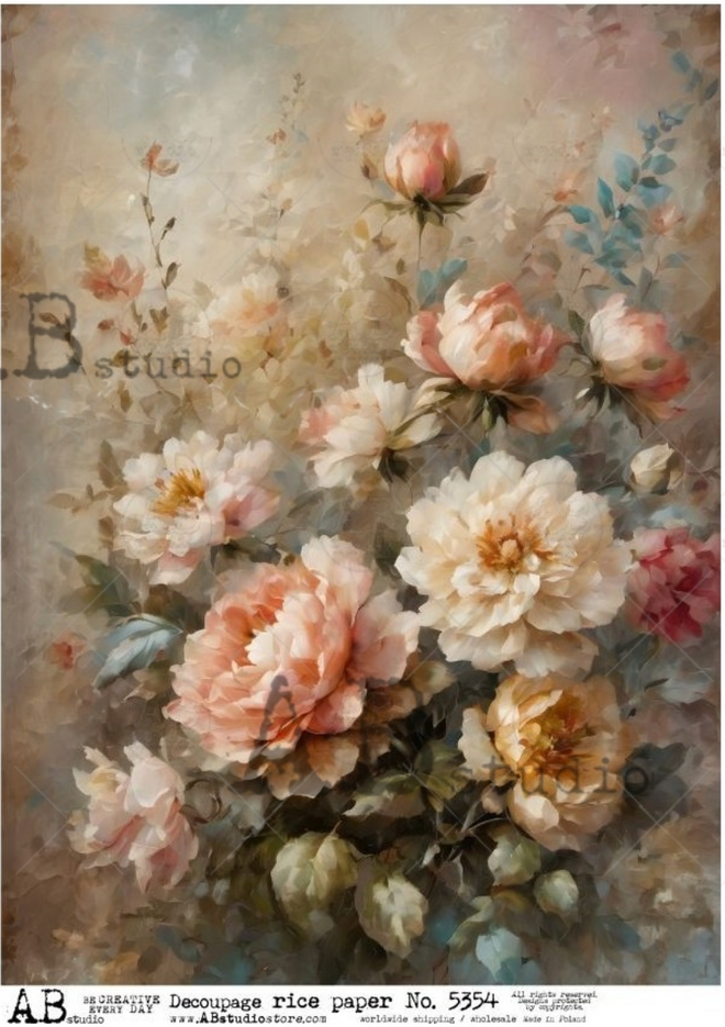 A4 Bold Rose Cream Rice Paper AB Studios 5354