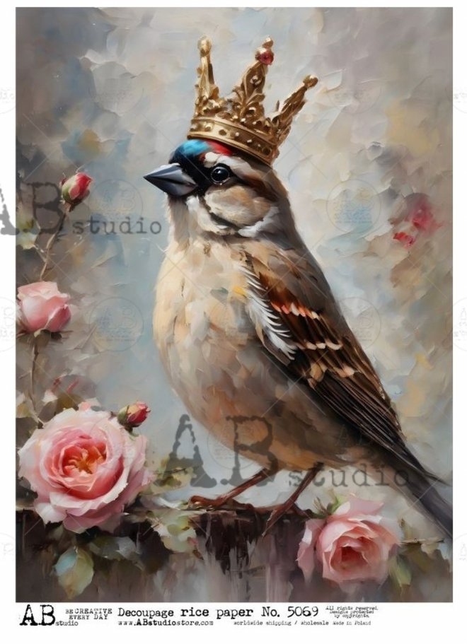 A4 AB Bird wth a Crown Rice Paper 5069