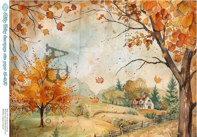 A4 Fall Country Scene Horizontal Decoupage Paper Milky Valley ID364