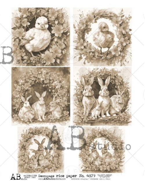 A4 Sepia Easter Friends Rice Paper for Decoupage AB Studios 4879