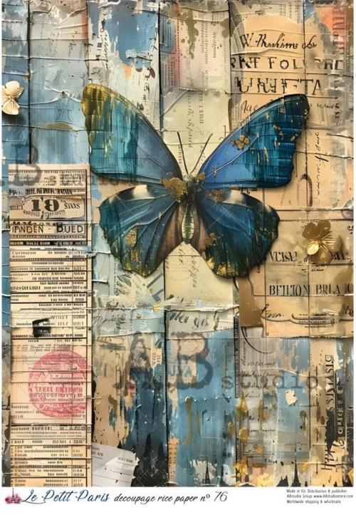 A4 LPP Blue Butterfly Collage Rice Paper Le Petit Paris 76