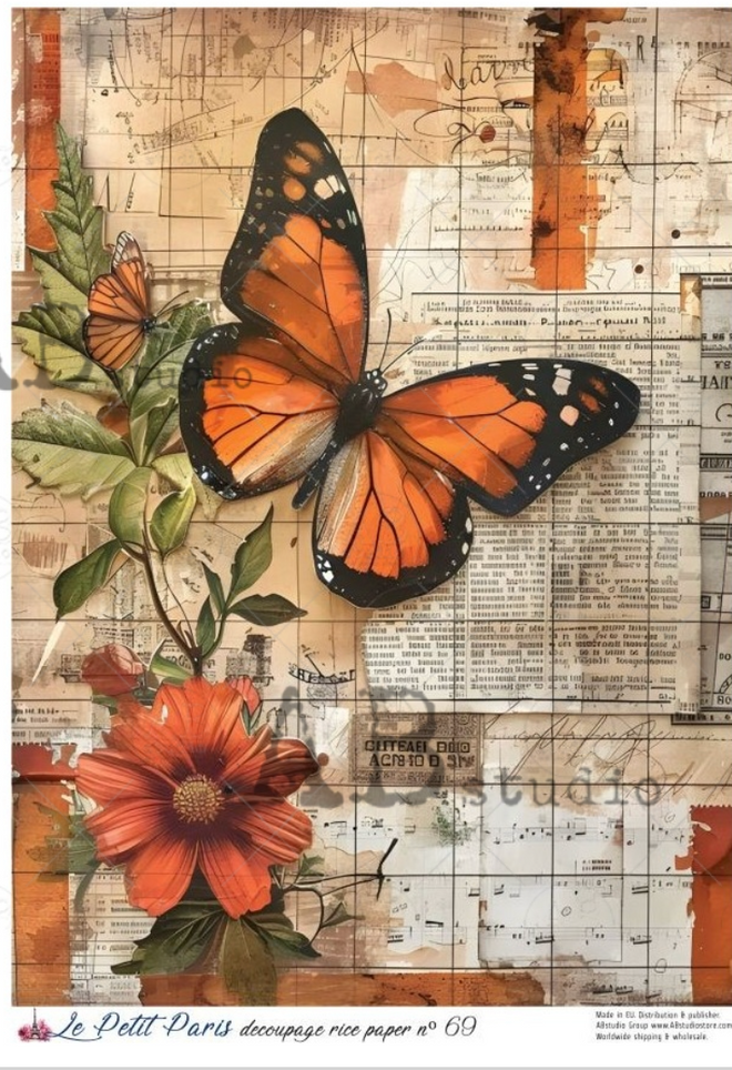 A4 LPP Orange Butterfly Collage Rice Paper Le Petit Paris 69