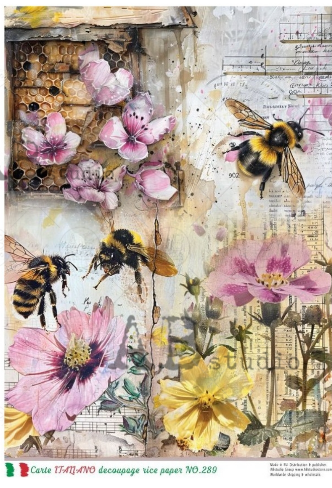 A4 Bee  and Flower Collage Quad Carte Italiano 289